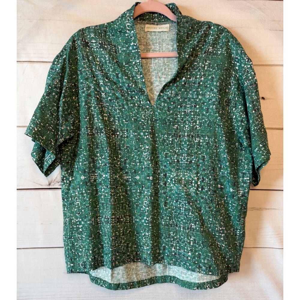 Brooke Wright Designs Green Abstract Print Cotton Linen V-Neck Top Made in USA